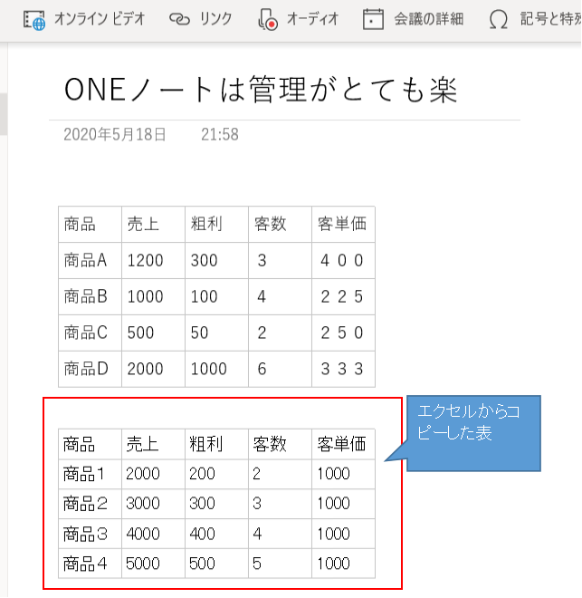 OneNoteエクセルで表をコピー。